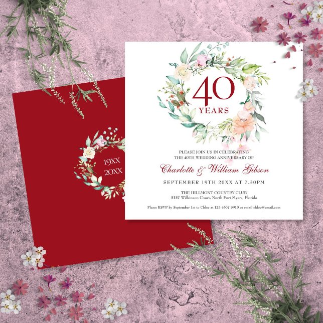 Invitation Roses de rubis Floral pour le 40e anniversaire de  (40th Wedding Anniversary Ruby Roses Floral Invitation)