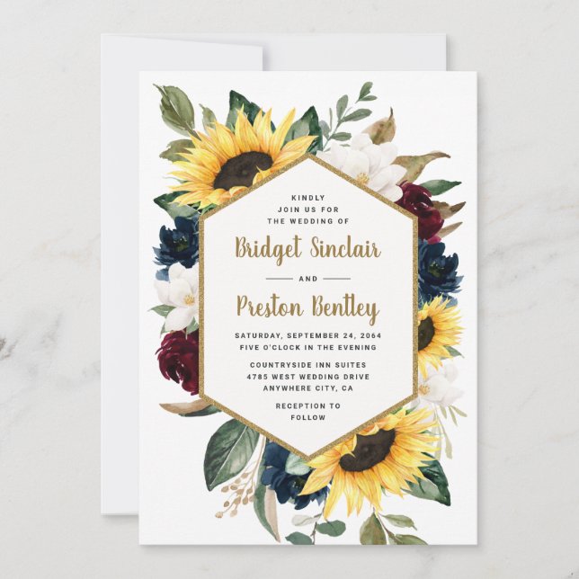 Invitation Roses de tournesol et Magnolia Rustic Mariage à th (Devant)
