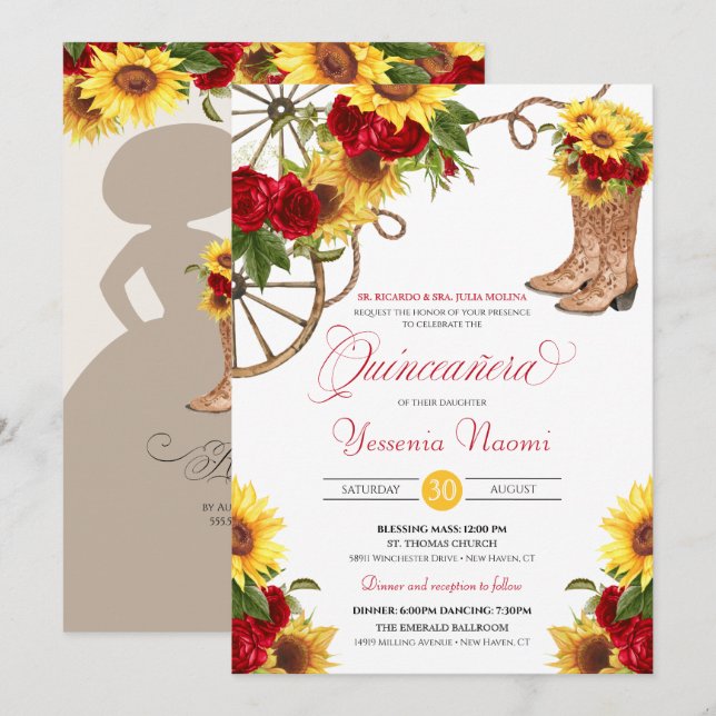 Invitation Roses de tournesol Floral Charra Quinceañera (Devant / Derrière)