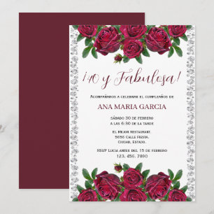 Invitation Roses & Diamants Féminin 40e Anniversaire Espagnol
