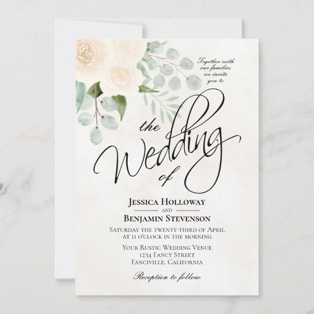 Invitation Roses d'ivoire et Mariage Eucalyptus Boho (Devant)