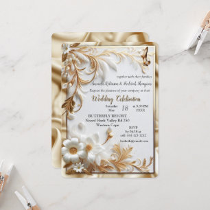 Invitation Roses d'or blanc, soie de champagne et papillons
