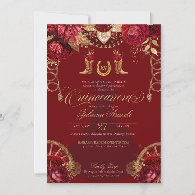 Invitation Roses d'or de Bourgogne Elégant Charro Quinceanera (Devant)