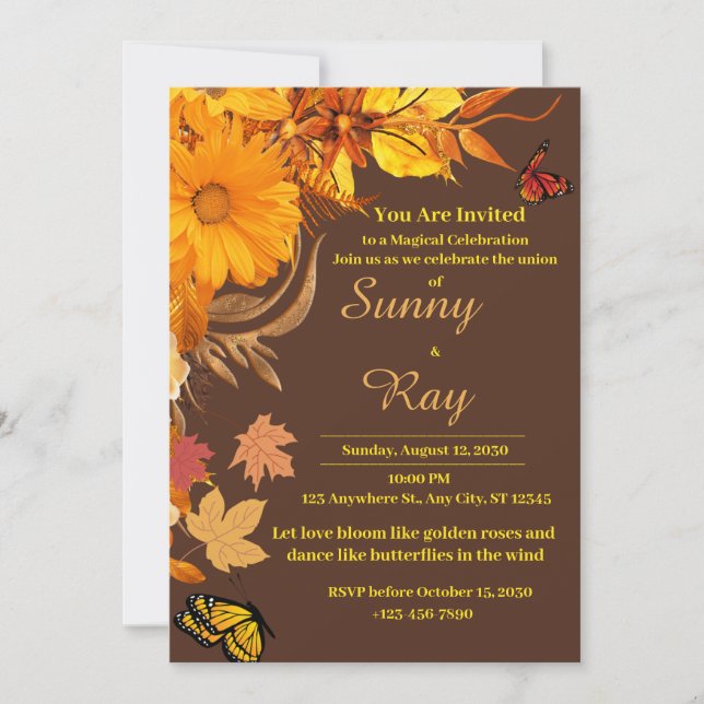 Invitation Roses d'or et Mariage de papillons (Devant)