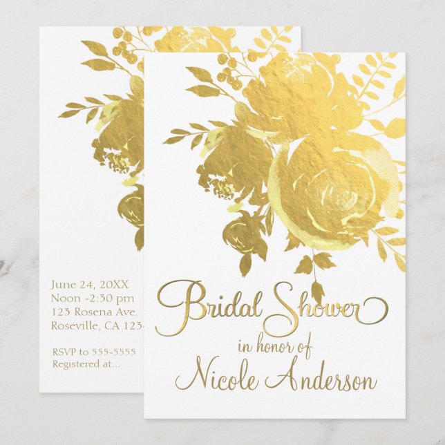 Invitation Roses d'or Faux Foil Elégante Fête des mariées flo (Devant / Derrière)