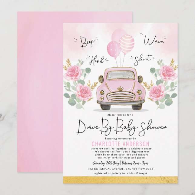 Invitation Roses d'or rose à travers le Baby shower fille (Devant / Derrière)