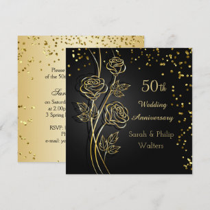 Invitation Roses d'or sur noir, confetti 50e anniversaire