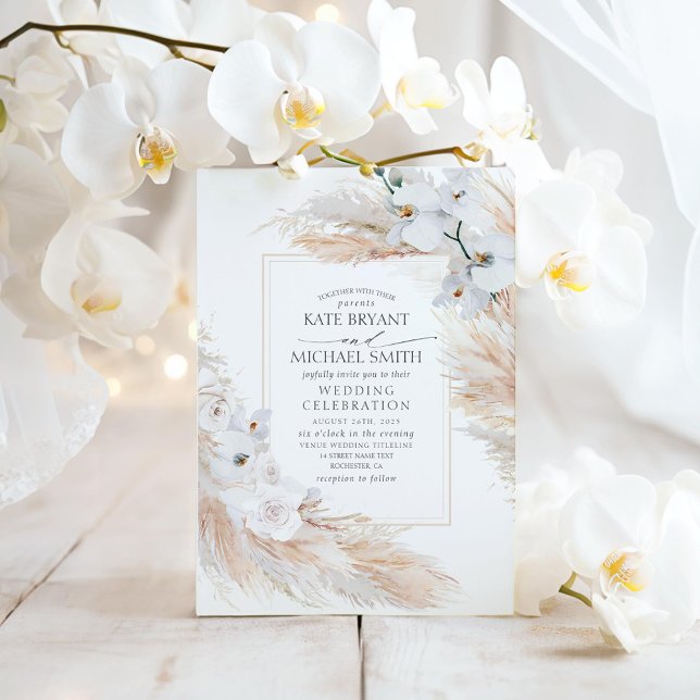 Invitation Roses d'orchidées blanches et Mariage d'herbe Pamp (Pampas Grass and White Orchids Wedding)