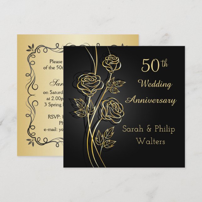 Invitation Roses dorées sur fond noir pour le 50e anniversair (Devant / Derrière)
