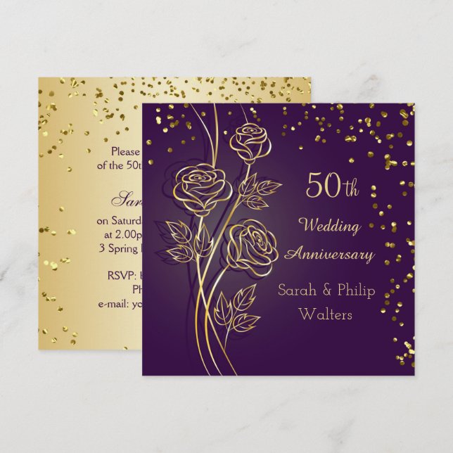 Invitation Roses dorées sur fond violet, confettis 50e Annive (Devant / Derrière)