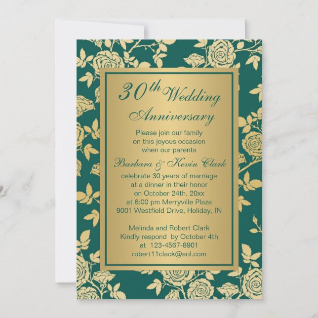 Invitation Roses dorées sur le 30e anniversaire vert (Devant)