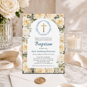 Invitation Roses du jardin blanc Croix d'or Baptême 