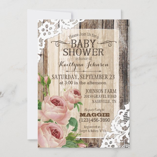 Invitation Roses du pays et Baby shower rustique du bois (Devant)