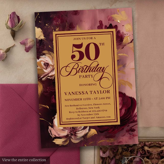 Invitation Roses élégant rouge foncé blush or 50e anniversair (Stylish dark red blush gold roses 50th birthday invite

)