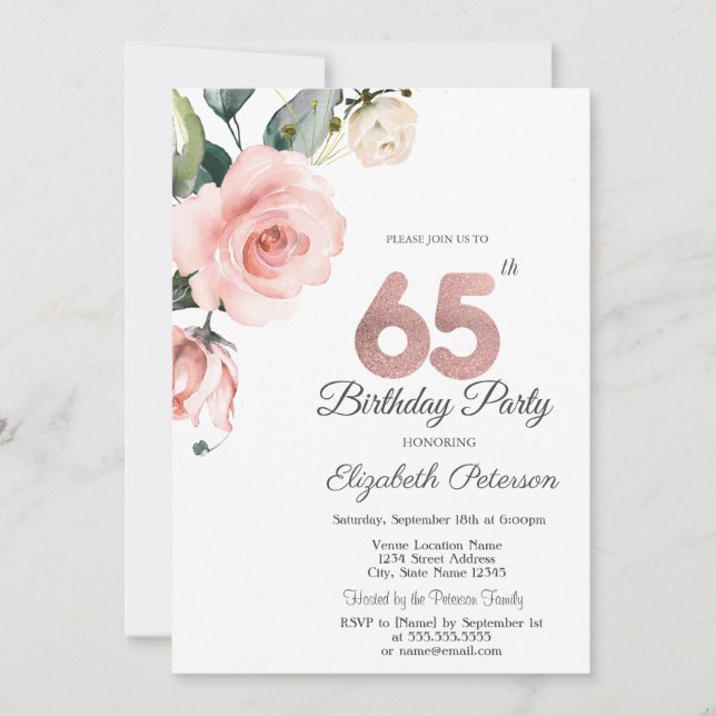 Invitation Roses en aquarelle rose pour 65e anniversaire (Devant)