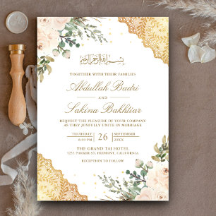 Invitation Roses en crème douce dentelle dorée code QR mariag