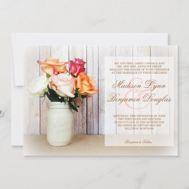 Invitation Roses en Mason Jar Rustic Mariages campagnards Inv (Devant)