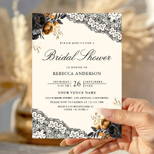 Invitation Roses en or noir Dentelle Crème Mariage gothique