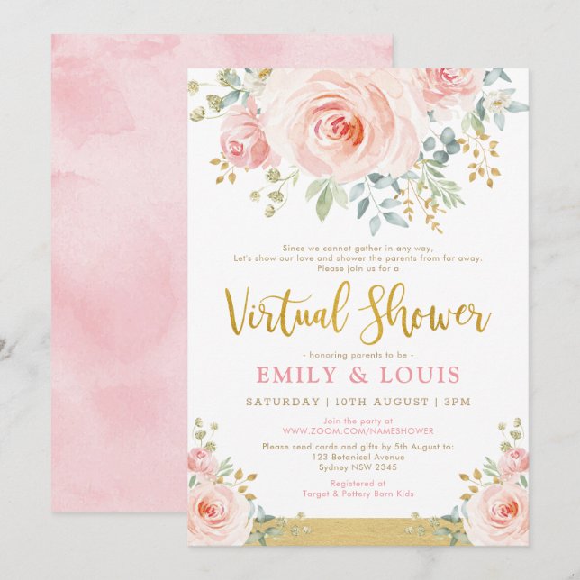Invitation Roses en or rose vierge de Baby shower virtuel fém (Devant / Derrière)