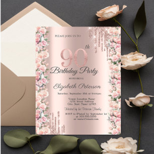 Invitation Roses encadrent des gouttes de rose dorée 90e anni