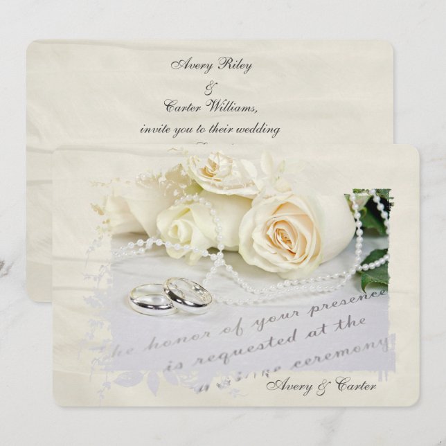 Invitation roses et anneaux blancs sur l'invitation de mariag (Devant / Derrière)