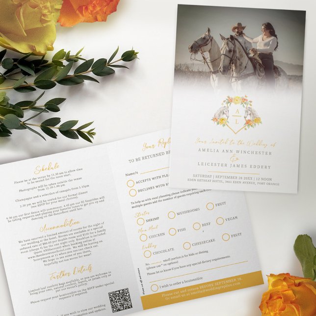 Invitation Roses et chevaux monogramme mariage option repas R (Créateur téléchargé)