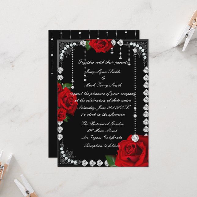Invitation Roses Et Diamants Rouges Romantiques (Devant/Arrière en situation)