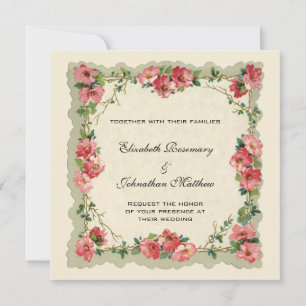 Invitation Roses et fleurs roses vintages, Mariage victorien
