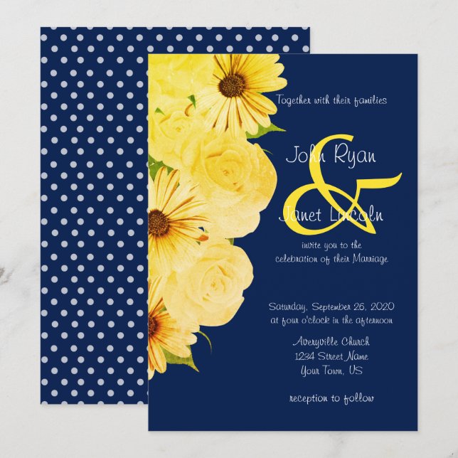 Invitation Roses et marguerites jaunes mariages sur bleu fonc (Devant / Derrière)