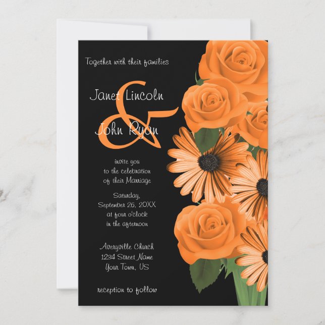 Invitation Roses et marguerites noirs et orange (Devant)