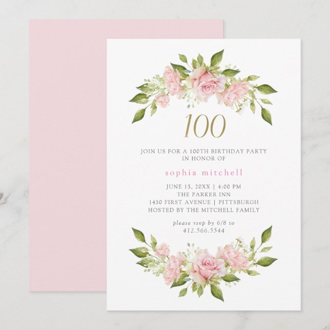 Invitation Roses et or rose pâle | 100e anniversaire (Devant / Derrière)