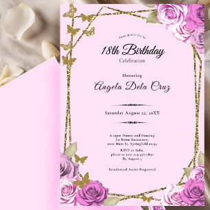 Invitation Roses et Papillons Rose 18ème Début Anniversaire