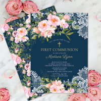 Roses et pivoines bleus Lace Première communion