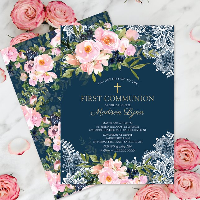 Invitation Roses et pivoines bleus Lace Première communion (Créateur téléchargé)