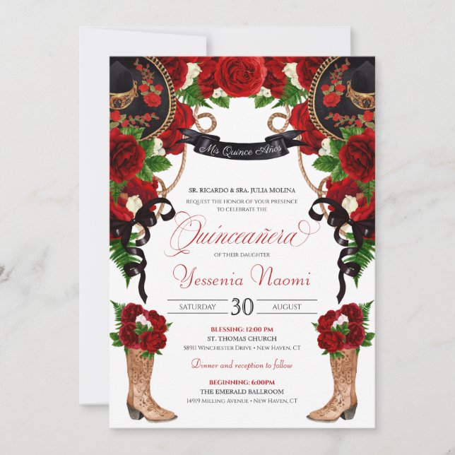 Invitation Roses et pivoines rouges Ouest Charra Quinceanera (Devant)