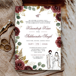 Invitation Roses Fleur d'eau Rouge Marron Floral Mariage Sikh