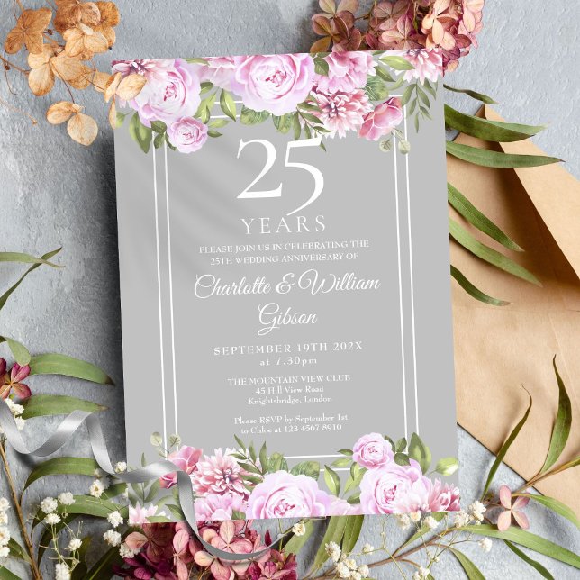 Invitation Roses Fleurales 25e Anniversaire de Mariage Argent (25th Silver Wedding Anniversary Roses Floral Invitation)
