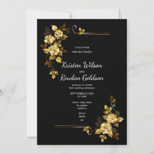 Invitation Roses Fleurs en Or sur Fond Noir