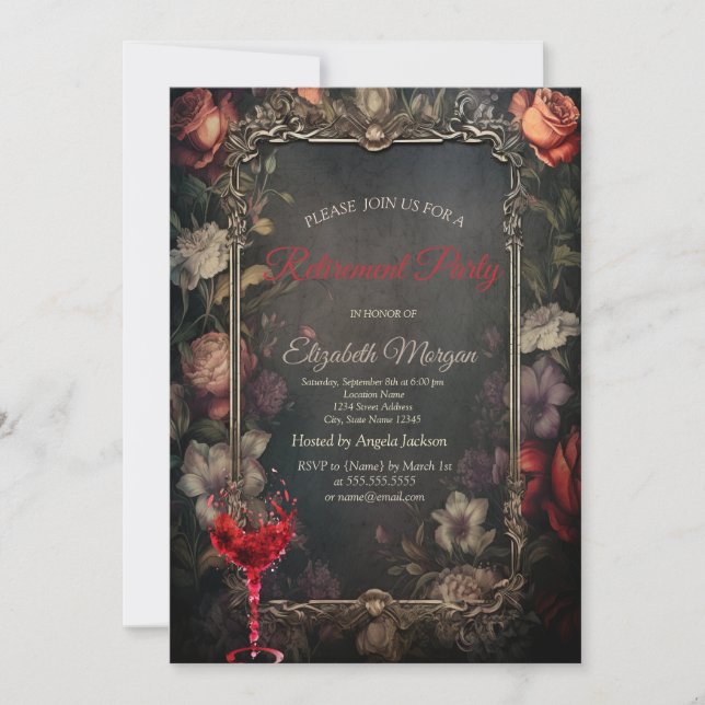 Invitation Roses Fleurs vintagesRetraite Vin Gothique (Devant)