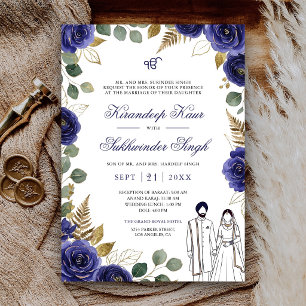 Invitation Roses Florales Aquarelle Bleu Royal Mariage Sikh