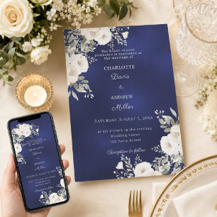 Invitation Roses florales blanches ivoire mariage bleu
