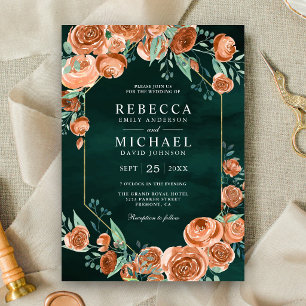 Invitation Roses Florales Émeraude de Teinte Terre Cuite Brûl