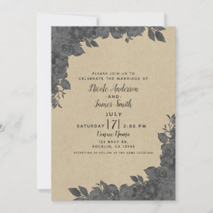 Invitation Roses Florales Noir Foncé Vintage & Mariage Kraft