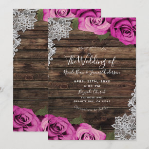 Invitation Roses Florales Rose Chaud, Bois Rustique et Dentel