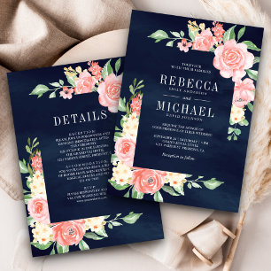 Invitation Roses Florales Rose Foncé Tout en Une Mariage Navy