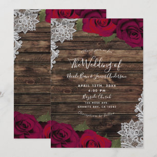 Invitation Roses Florales Rouge Profond Mariage Rustique Bois