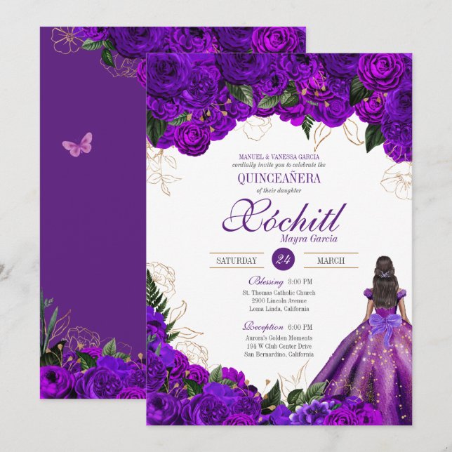 Invitation Roses floraux d'or violet Élégante Quinceanera (Devant / Derrière)