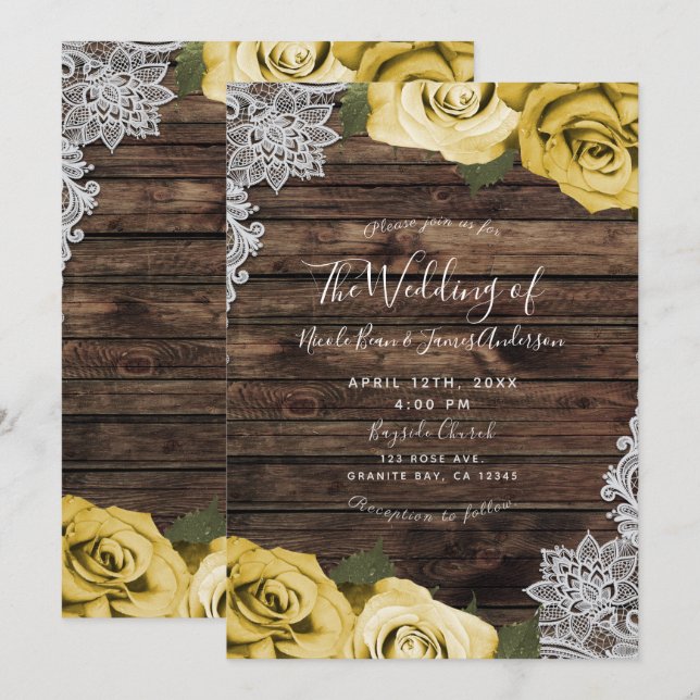 Invitation Roses floraux jaunes et Mariage en dentelle de boi (Devant / Derrière)