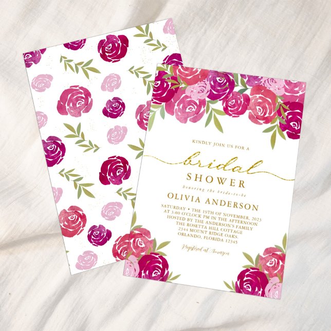 Invitation Roses floraux rose et violet Fête des mariées Feui (Créateur téléchargé)