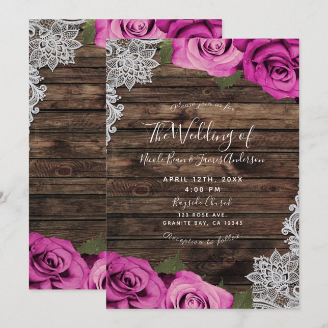 Invitation Roses floraux roses chauds Bois rustique et Mariag (Devant / Derrière)